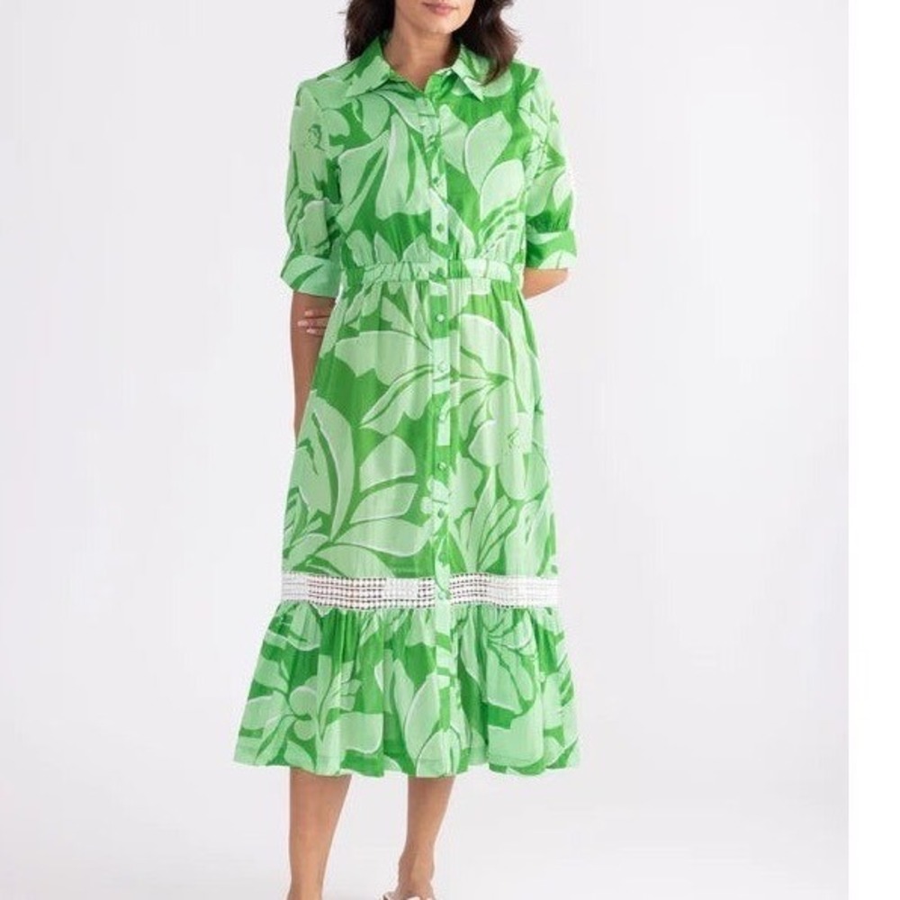 Sedge Midi Dress Tropical Green Monstera Leaf Print Cotton Crochet Lace‎ L